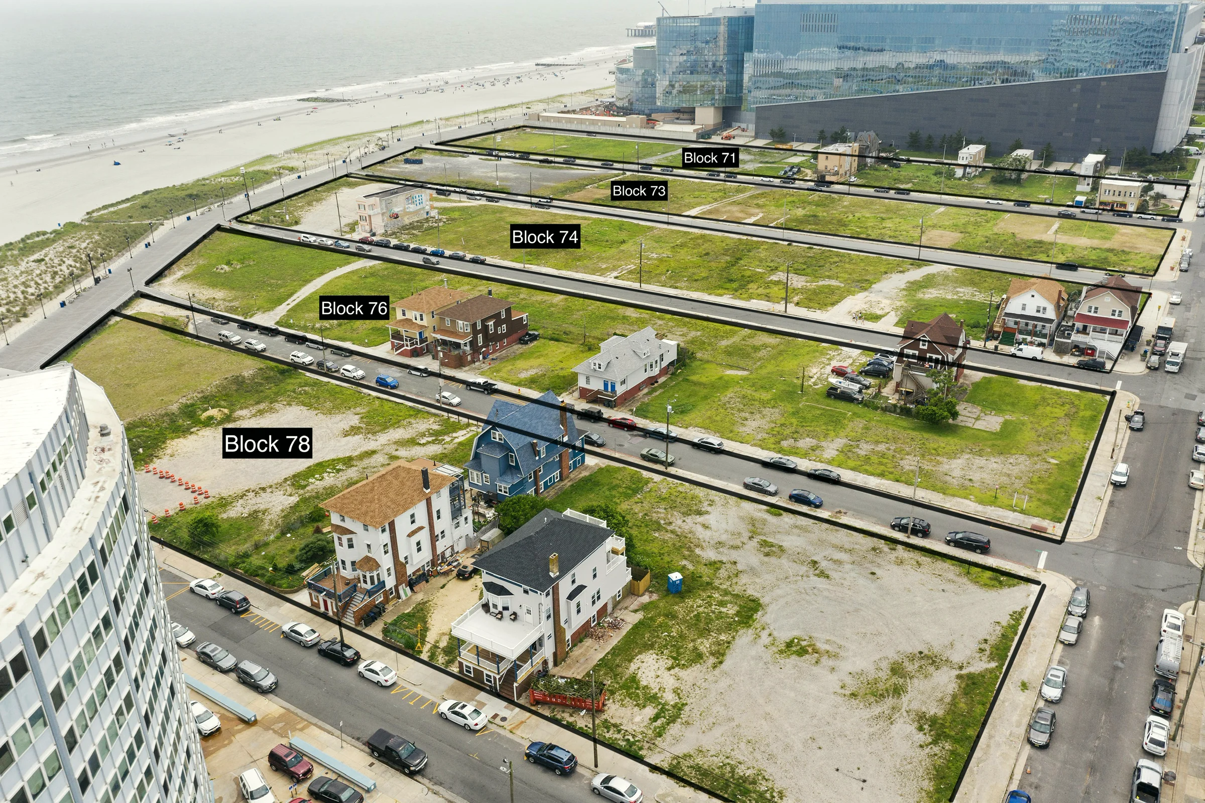 Aerial view identifying Blocks 71, 73, 74, 76, and 78 in the Southeast Inlet redevelopment area